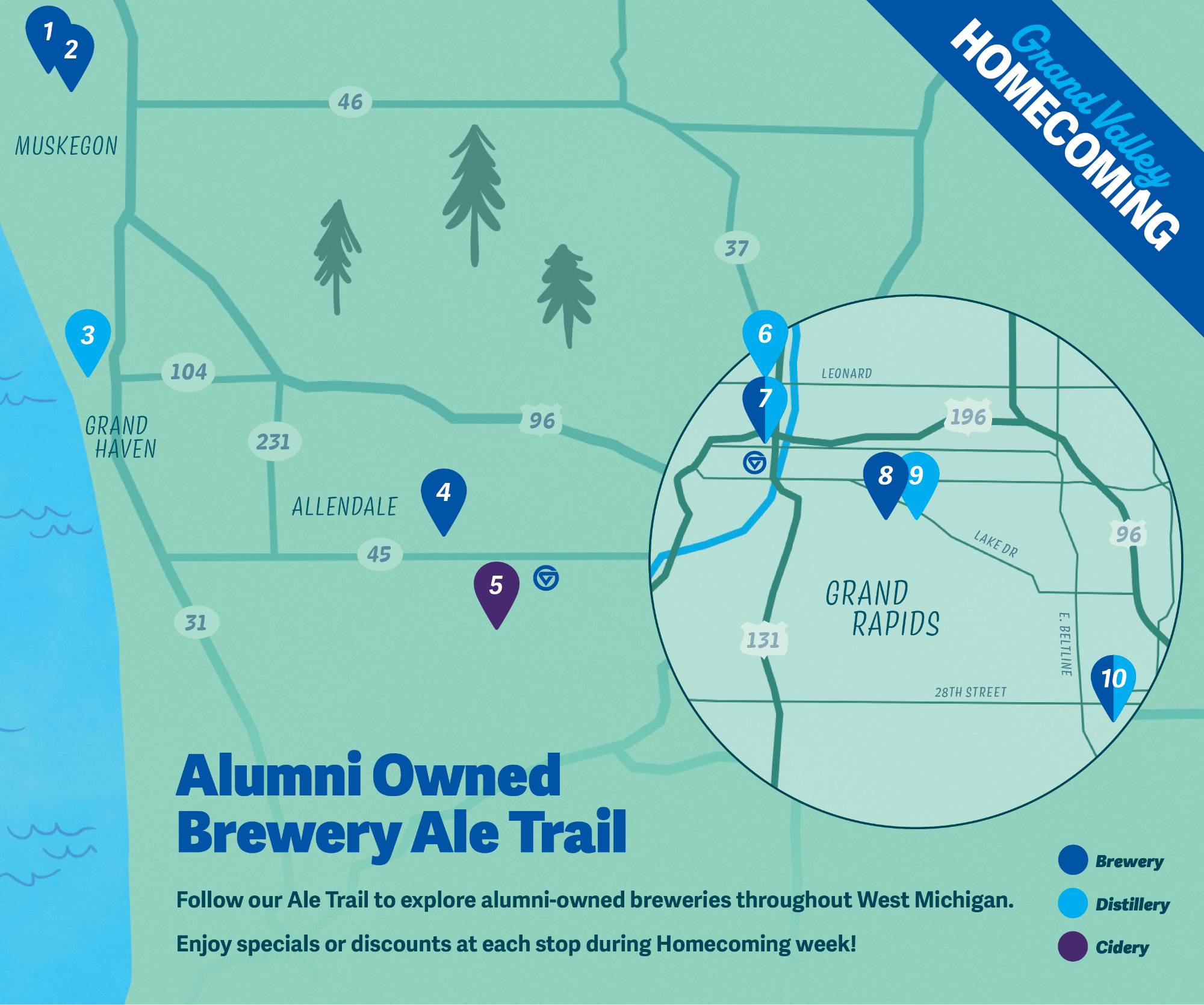 Follow our Ale Trail to explore alumni-owned breweries throughout West Michigan. Enjoy specials or discounts at each spot during Homecoming week!